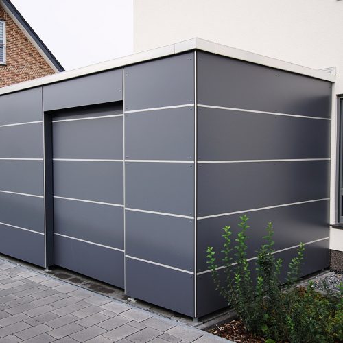 Abstellraum aus HPL Platten als Flachdach in Verl